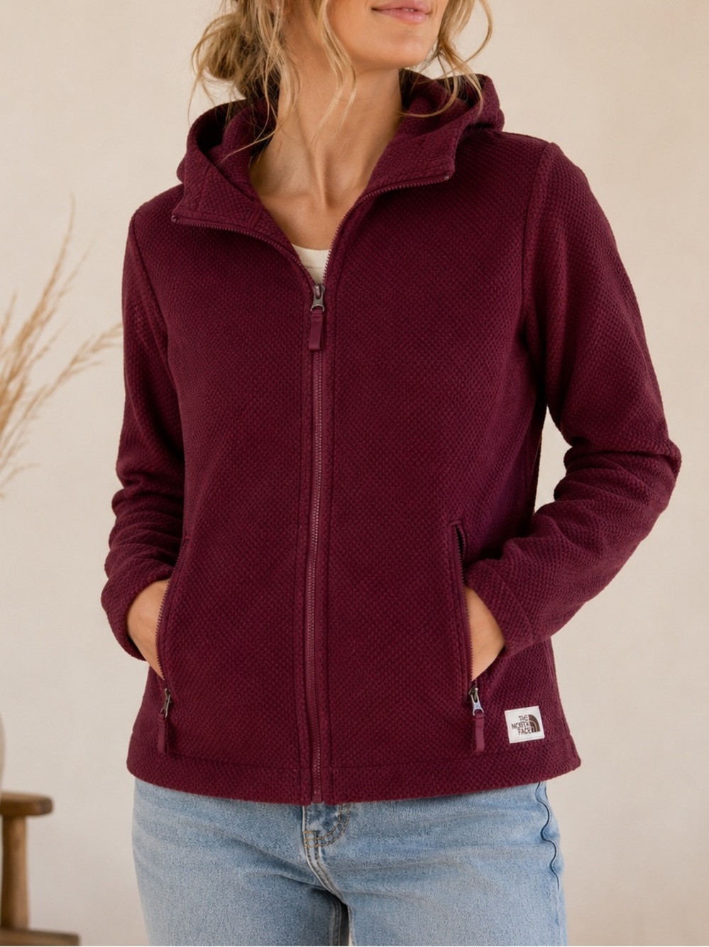 The North Face Women’s Small Burgundy Textured Knit Full Zip Hoodie Jacket
